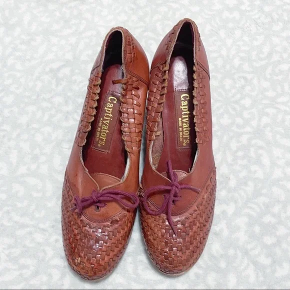 Vintage Woven Wedges 70s Captivators Brown Leather Tie Oxford Heels - Picture 2 of 12
